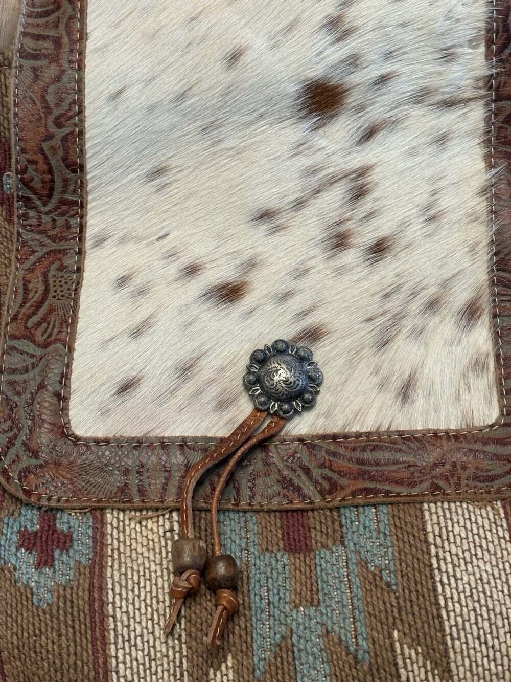 Myra Bag Oriental Rug Upcycled Canvas and Cowhide Backpack - Picture 2 of 7